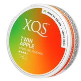 XQS Twin Apple nicotine pouches with a colour gradient from green to red with product image tilted to the side