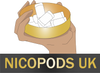 Nicopods UK Logo in gold text with open can of nicotine pouches in a cartoon hand