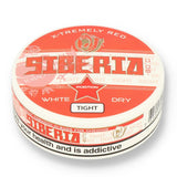 Siberia 80ºc White Dry X-Tremley Red Tight snus on white background with 'cut tobacco in bags for chewing' text