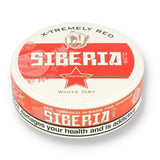 Siberia 80ºc White Dry X-Tremley Red snus on white background with 'cut tobacco in bags for chewing' text