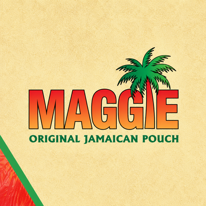 Maggie nicotine pouch logo with sandy background and palm tree