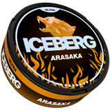 Iceberg Ultra Arasaka nicotine pouch packaging with geometric bear design on a black background