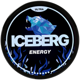 Iceberg Ultra Energy nicotine pouch packaging with geometric bear design on a black background
