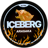 Iceberg Ultra Arasaka nicotine pouch packaging with geometric bear design on a black background