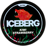 Iceberg Ultra Kiwi Strawberry nicotine pouch packaging with geometric bear design on a black background
