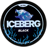 Iceberg Ultra black nicotine pouch packaging with geometric bear design on a black background