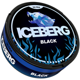 Iceberg Ultra black nicotine pouch packaging with geometric bear design on a black background