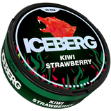 Iceberg Ultra Kiwi Strawberry nicotine pouch packaging with geometric bear design on a black background
