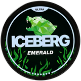 Iceberg Ultra Emerald nicotine pouch packaging with geometric bear design on a black background
