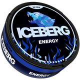 Iceberg Ultra Energy nicotine pouch packaging with geometric bear design on a black background