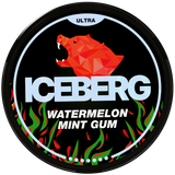 Iceberg Ultra Watermelon mint gum nicotine pouch packaging with geometric bear design on a black background