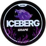 Iceberg Ultra Grape nicotine pouch packaging with geometric bear design on a black background