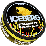 Iceberg Ultra strawberry banana gum nicotine pouch packaging with geometric bear design on a black background