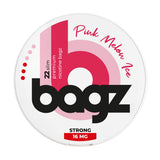 Bagz pink melon ice nicotine pouch packaging on a white background and 16mg strength