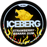 Iceberg Ultra strawberry banana gum nicotine pouch packaging with geometric bear design on a black background