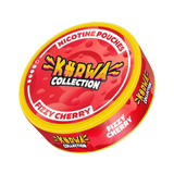 Red and yellow container of Kurwa Collection Fizzy Cherry nicotine pouches on a white background