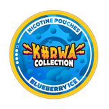 Circular logo for KURWA Collection Blueberry Ice nicotine pouches on a blue background with yellow border.