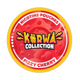Circular nicotine pouch container with 'Kurwa Collection fizzy cherry' branding on a red and yellow background