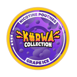 Circular purple nicotine pouch container with yellow border featuring 'Kurwa Collection' and 'Grape Ice' text.