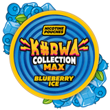 Logo for KURWA Collection Max Blueberry Ice nicotine pouches with blueberries and ice cubes.