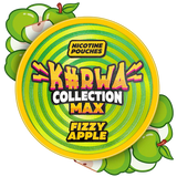 Circular snus packaging with 'KURWA Collection Max' and 'Fizzy Apple' text, surrounded by cartoon apples.