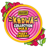 Nicotine pouches packaging with 'K#RWA Collection Max Fizzy Cherry' text and cherries on a white background