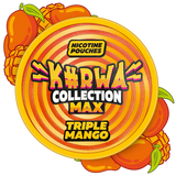 Nicotine pouches packaging with 'KURWA Collection MAX Triple Mango' text and mango graphics.