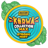 Circular logo for K#RWA Collection Max Strong Mint nicotine pouches with green leaves on a white background.