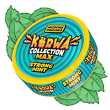 Kurwa Collection Max Strong Mint nicotine pouches packaging with green leaves on a white background