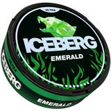 Iceberg Ultra Emerald nicotine pouch packaging with geometric bear design on a black background