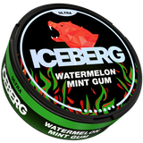 Iceberg Ultra Watermelon mint gum nicotine pouch packaging with geometric bear design on a black background