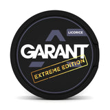 A can of Garant Extreme liquorice flavoured nicotine pouches with the label prominently displayed.
