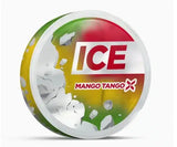 A product image featuring a can of ICE Mango Tango X, which is a nicotine pouch product.
