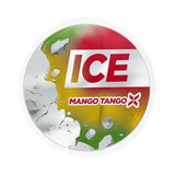 The image displays a product packaging with the branding 'ICE' and the flavour 'Mango Tango'. The packaging has a vibrant design with splashes of yellow and red colours, and it features the text 'ICE Mango Tango X' prominently displayed.