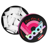 Bagz pink melon ice nicotine pouch packaging on a white background and 55.5mg strength plus an open can 