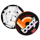 Bagz fizzy orange nicotine pouch packaging on a white background and 55.5mg strength plus an open can 