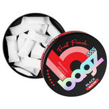 Bagz fruit punch nicotine pouch packaging on a white background and an open can