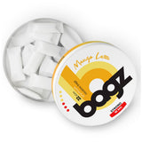 bagz mango lassi nicotine bag packaging on a white background and an open can 