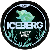 Iceberg Ultra Sweet Mint nicotine pouch packaging with geometric bear design on a black background