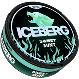 Iceberg Ultra Sweet Mint nicotine pouch packaging with geometric bear design on a black background