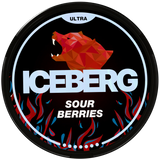 Iceberg Ultra Sour Berries nicotine pouch packaging with geometric bear design on a black background