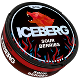Iceberg Ultra Sour Berries nicotine pouch packaging with geometric bear design on a black background