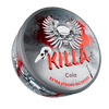 A product image featuring a can of Killa Cola extra strong nicotine pouches with a graphic design on the label.