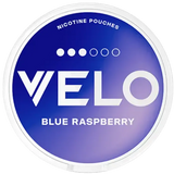 Velo blue raspberry nicotine pouches with 3 out of 6 strength dots filled in 